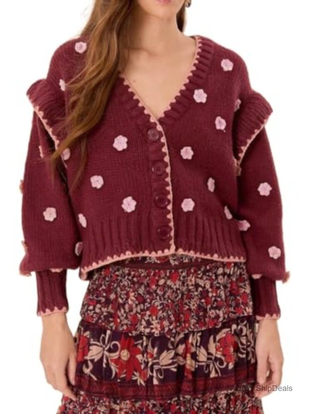 Chunky Knit Floral Cardigan Sweater V Neck Button Down Drop Shoulder